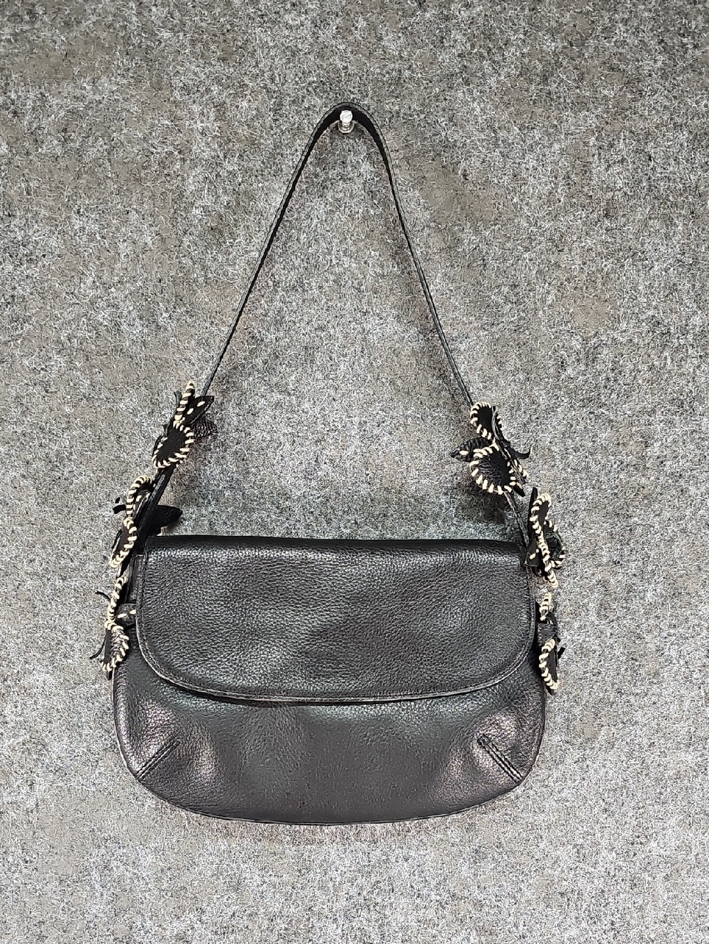 Antonio Melani Leather Purse With Blanket Stitch Flowers, Black